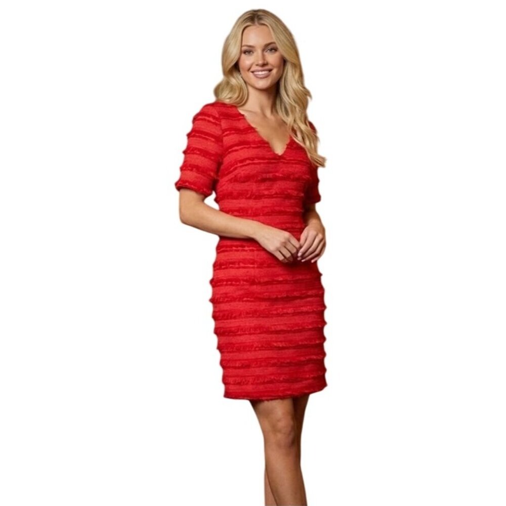 Badgley Mischka Grace Red Fringe V-Neck Cocktail Dress Size 0 Short Sleeve
